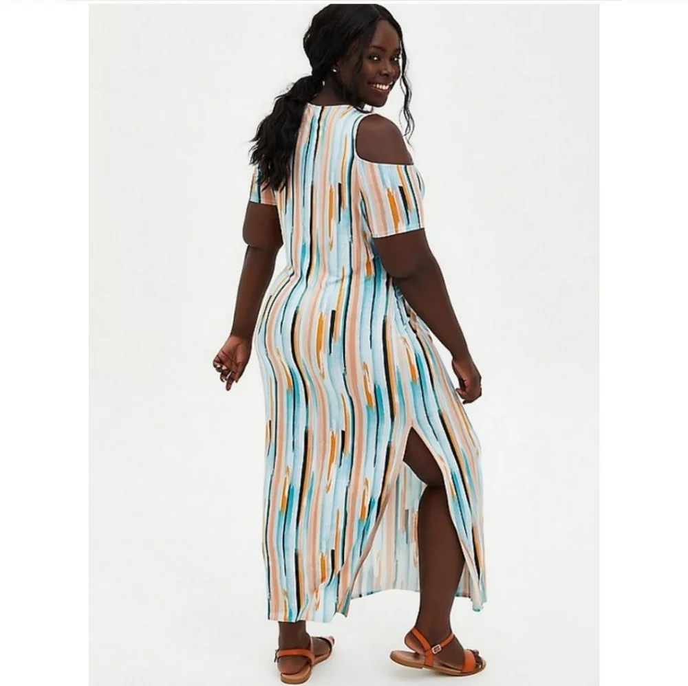Torrid Super Soft Stripe Cold Shoulder Maxi Dress Women's Plus Size 0x NWT - Picture 2 of 8